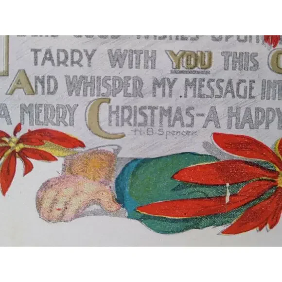 Santa Claus Christmas Postcard HB Spencer Fantasy Poinsettias 1914 Martinsburg
